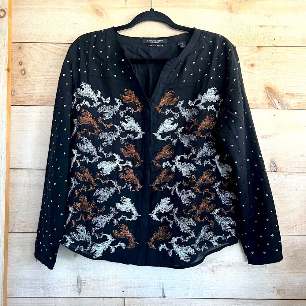 Maison Scotch Women’s Black Button Down Vneck Blouse Metallic Embroidery Sz 2/M